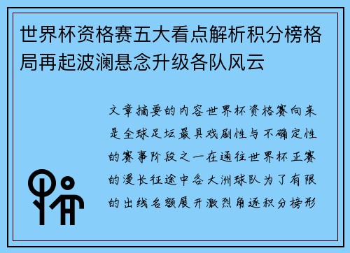 世界杯资格赛五大看点解析积分榜格局再起波澜悬念升级各队风云