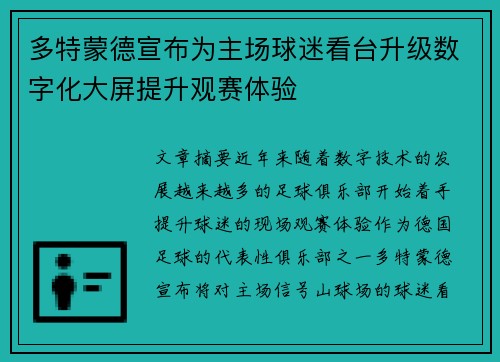 多特蒙德宣布为主场球迷看台升级数字化大屏提升观赛体验