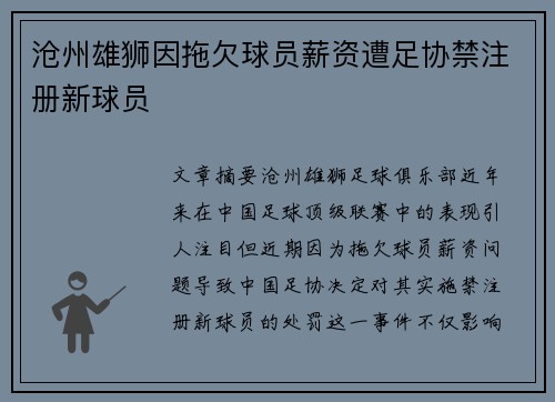 沧州雄狮因拖欠球员薪资遭足协禁注册新球员